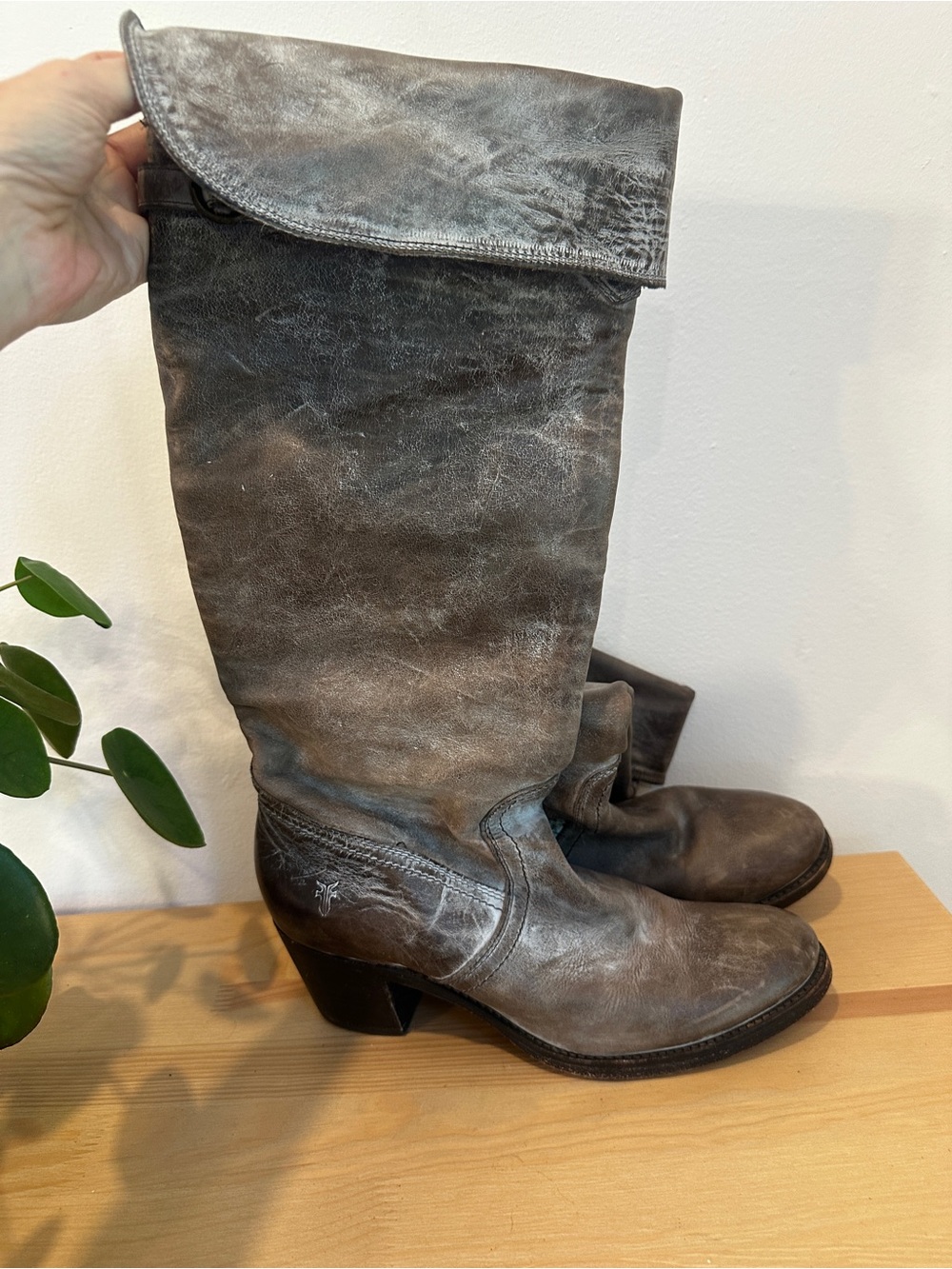 Frye Distressed Gray Fold-Over Leather Heeled Boots
